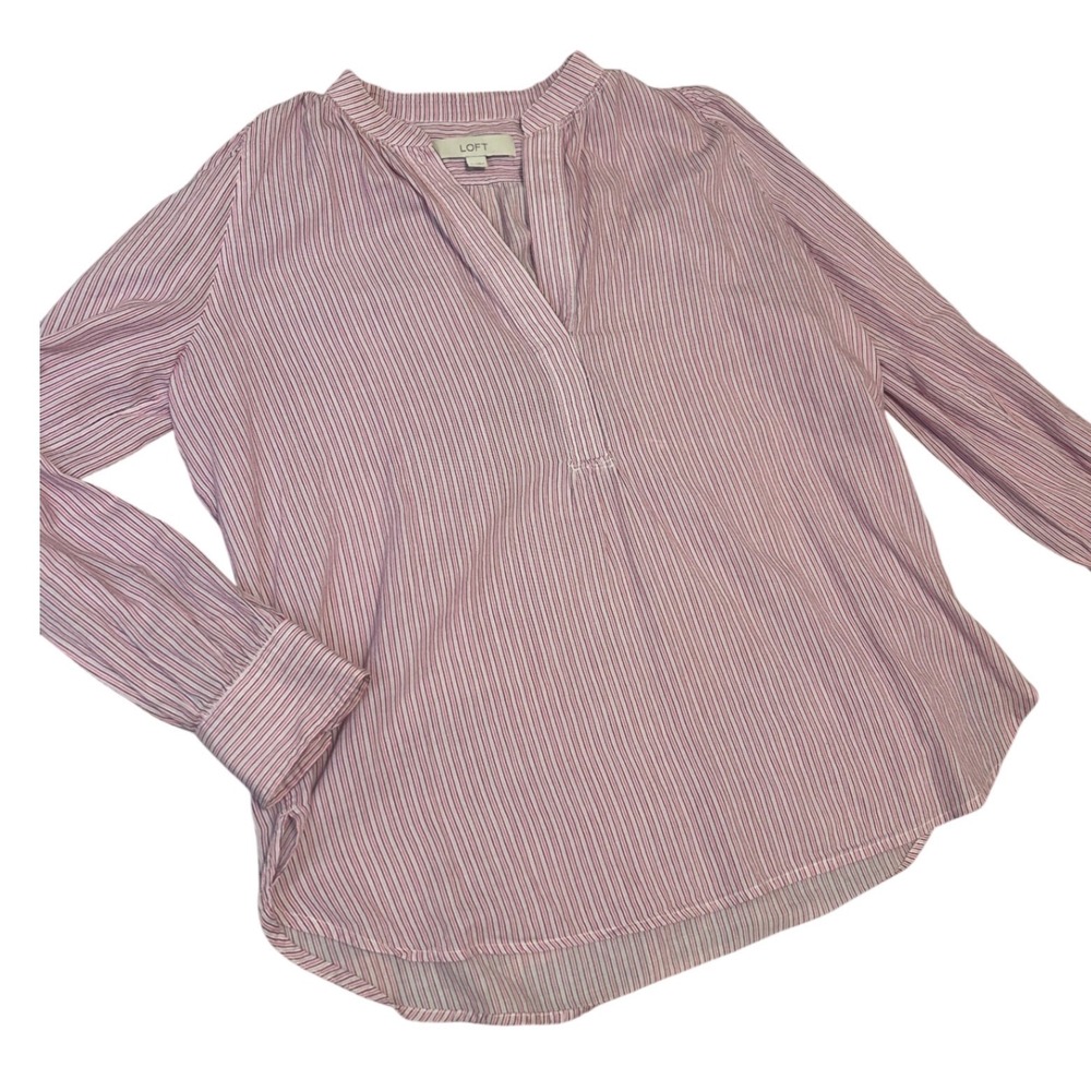 Pink‎ stripe spring tunic cotton sustainable LOFT medium lightweight office prep